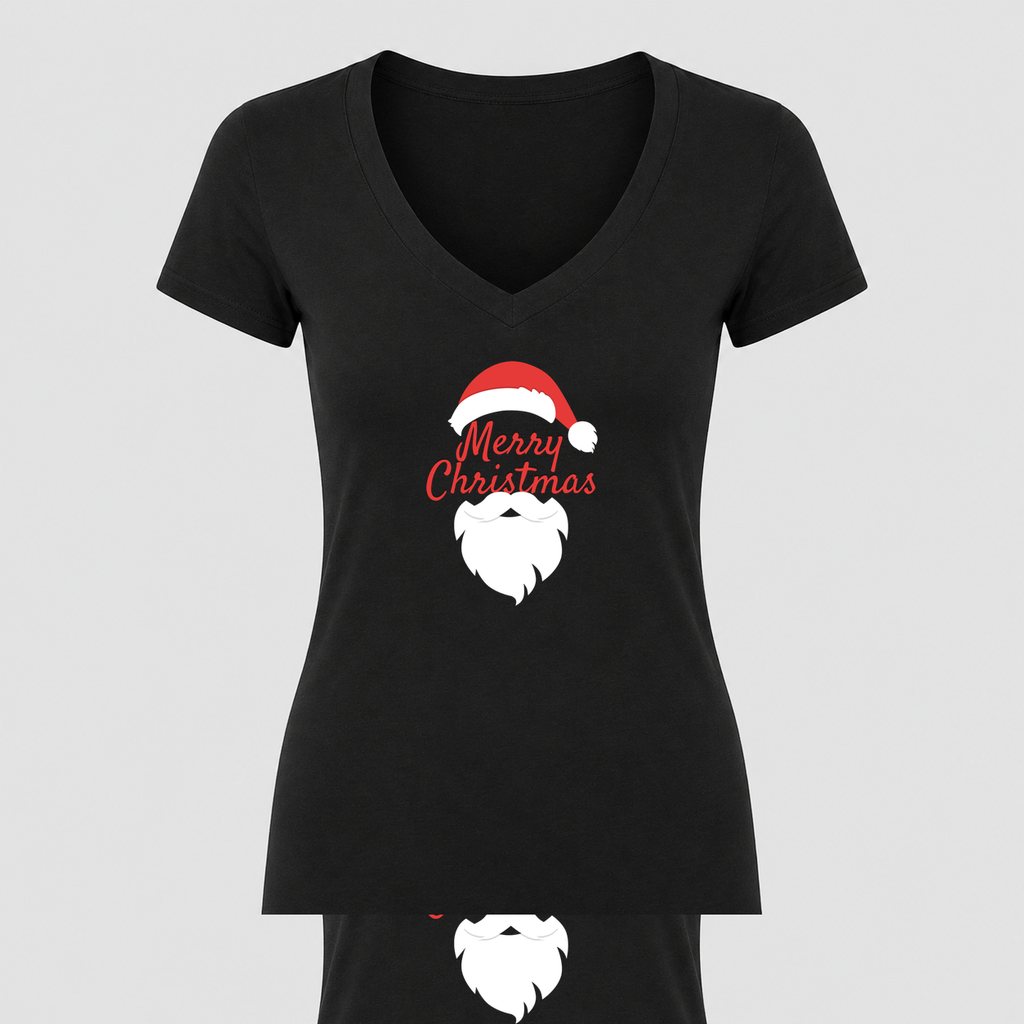 Women's Merry Christmas Santa Claus V Neck T-Shirt in black