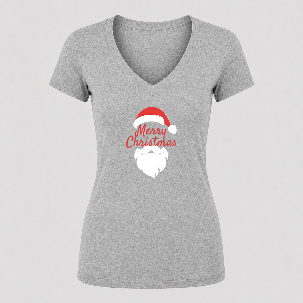 Women's Merry Christmas Santa Claus V Neck T-Shirt in gray