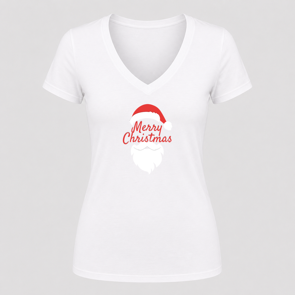 Women's Merry Christmas Santa Claus V Neck T-Shirt in white