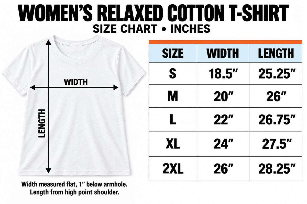 Women's relaxed cotton round-neck T-shirt size chart, S–2XL, inches