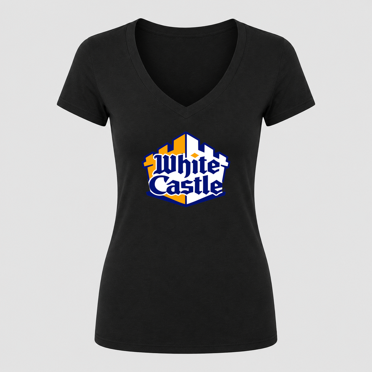 Women's White Castle V Neck T-Shirt in black