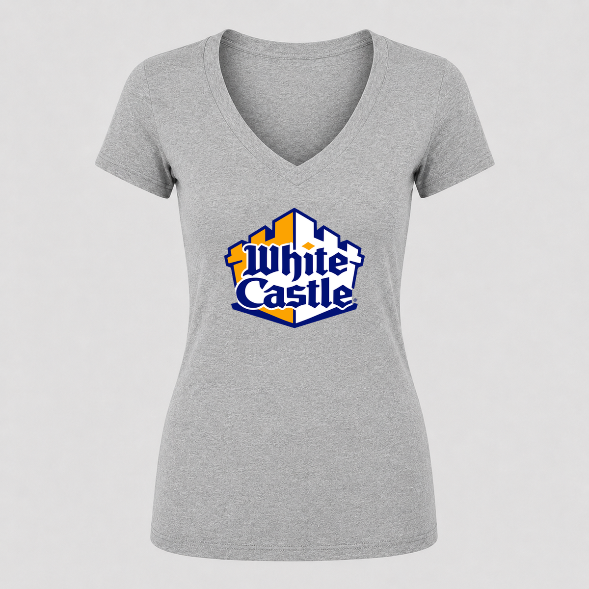 Women's White Castle V Neck T-Shirt in gray