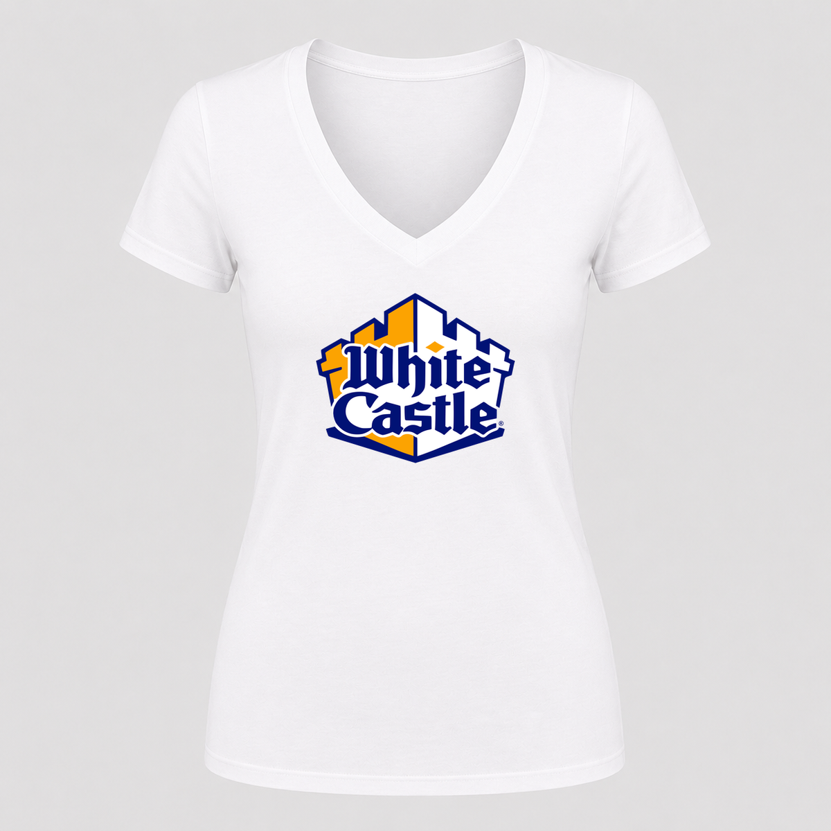 Women's White Castle V Neck T-Shirt in white