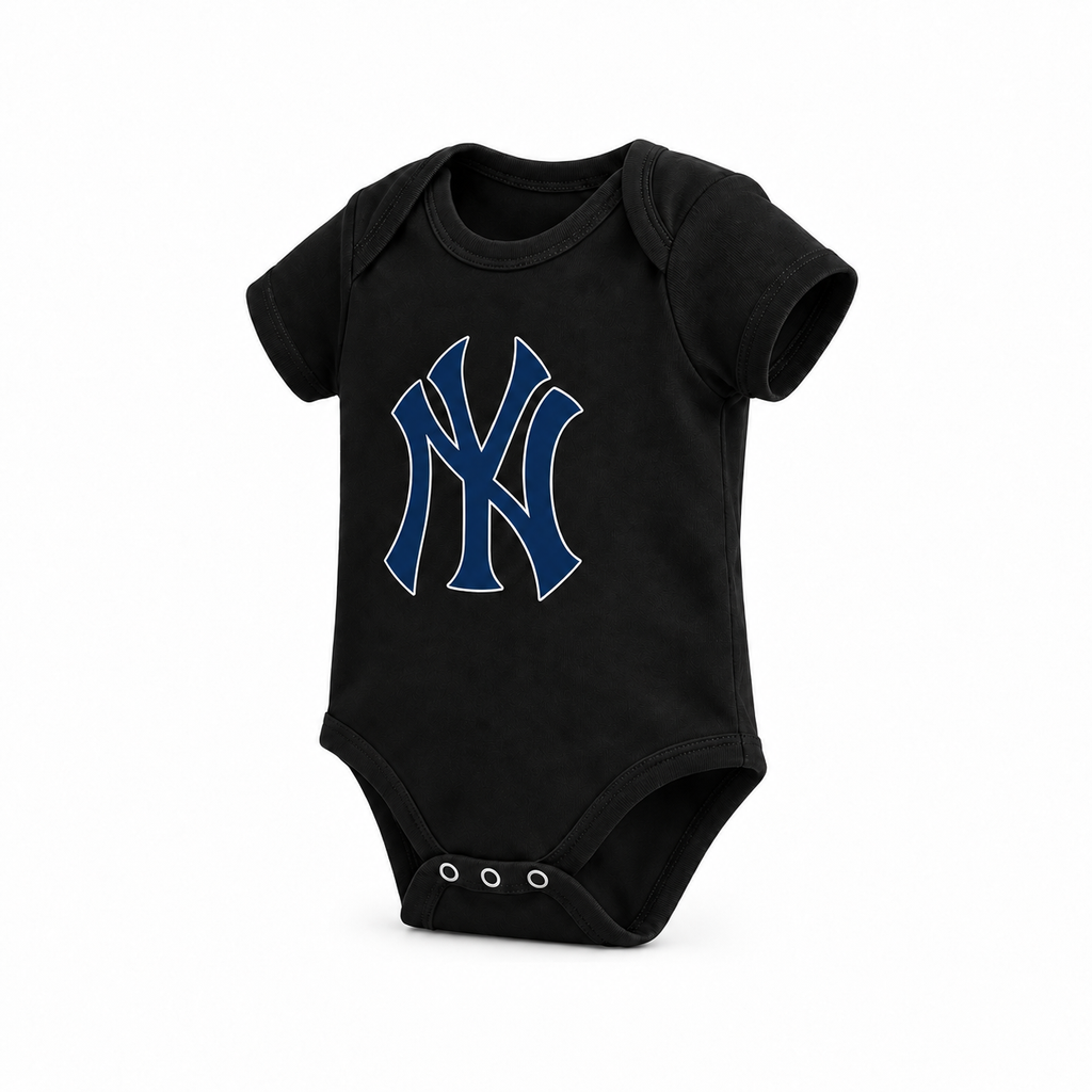 Black Yankees baby romper — three-quarter view