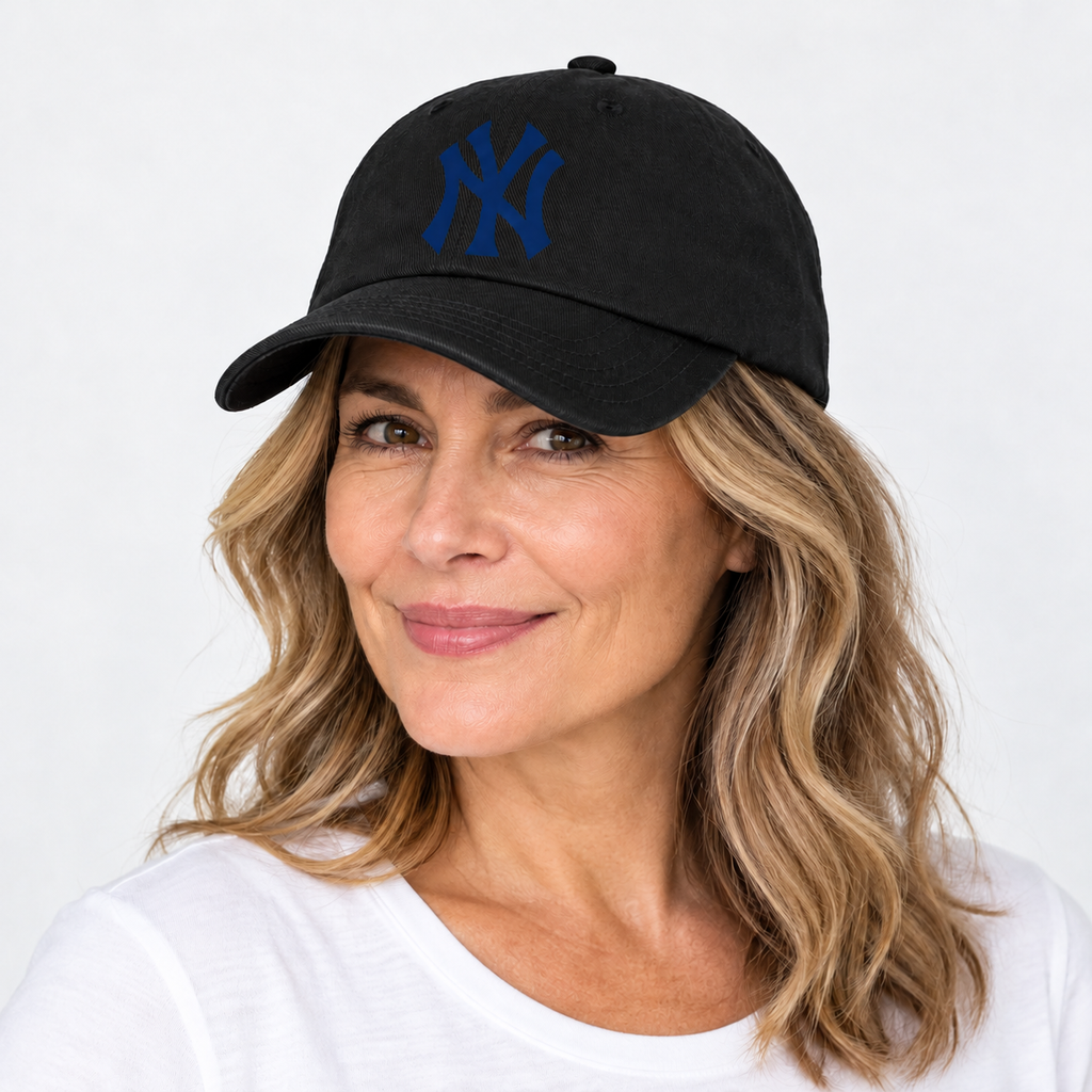 Black New York Yankees dad baseball cap hat - model wearing seamless front hat
