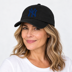 Black New York Yankees dad baseball cap hat - model wearing seamless front hat