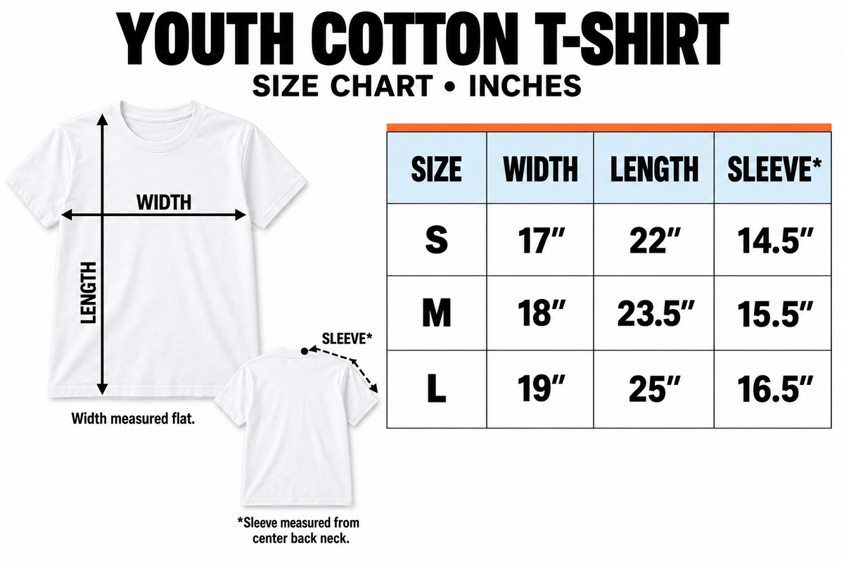 Youth cotton T-shirt size chart, S–L, inches